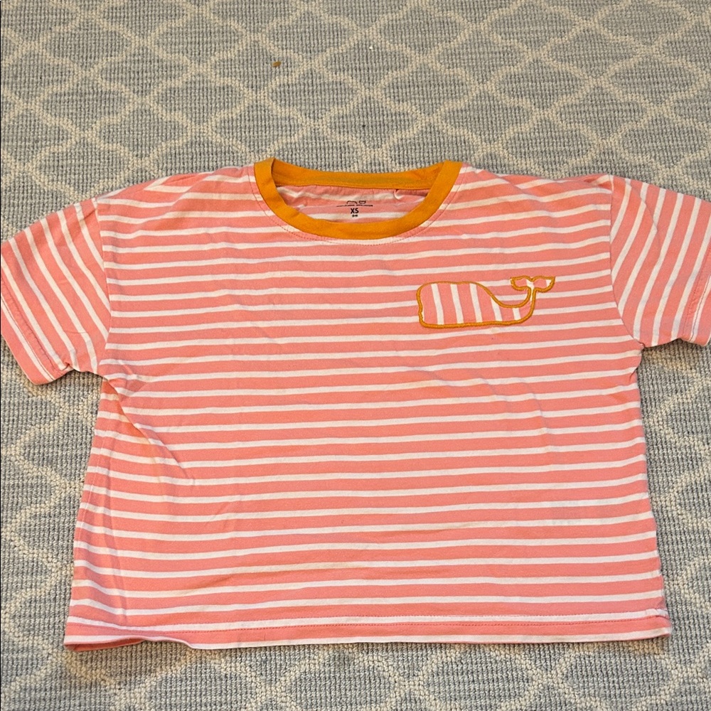 Vineyard Vines Girl’s Pink and White Striped T-Shirt with Whale Logo